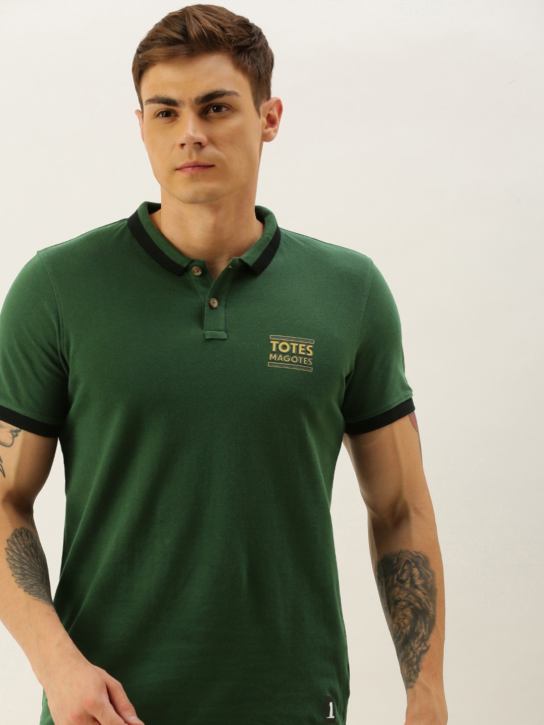 

SINGLE Men Green Printed Polo Collar Pure Cotton T-shirt