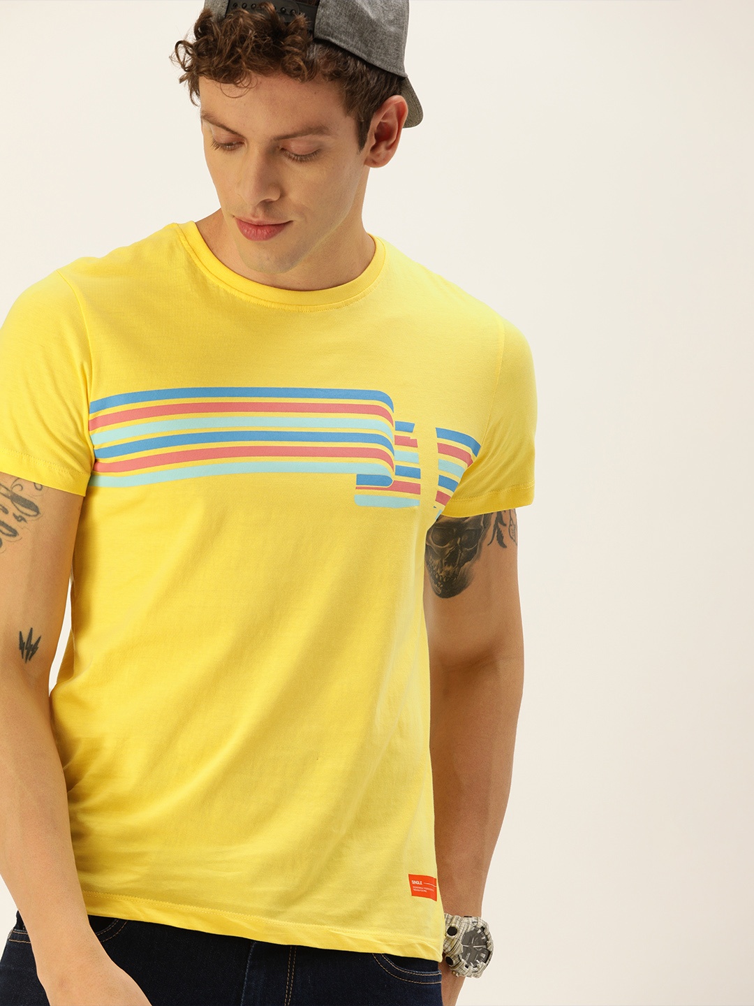 

SINGLE Men Yellow Blue Striped Round Neck Pure Cotton T-shirt