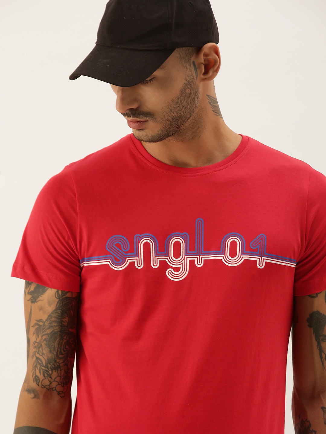 

SINGLE Men Red Brand Logo Printed Pure Cotton T-shirt