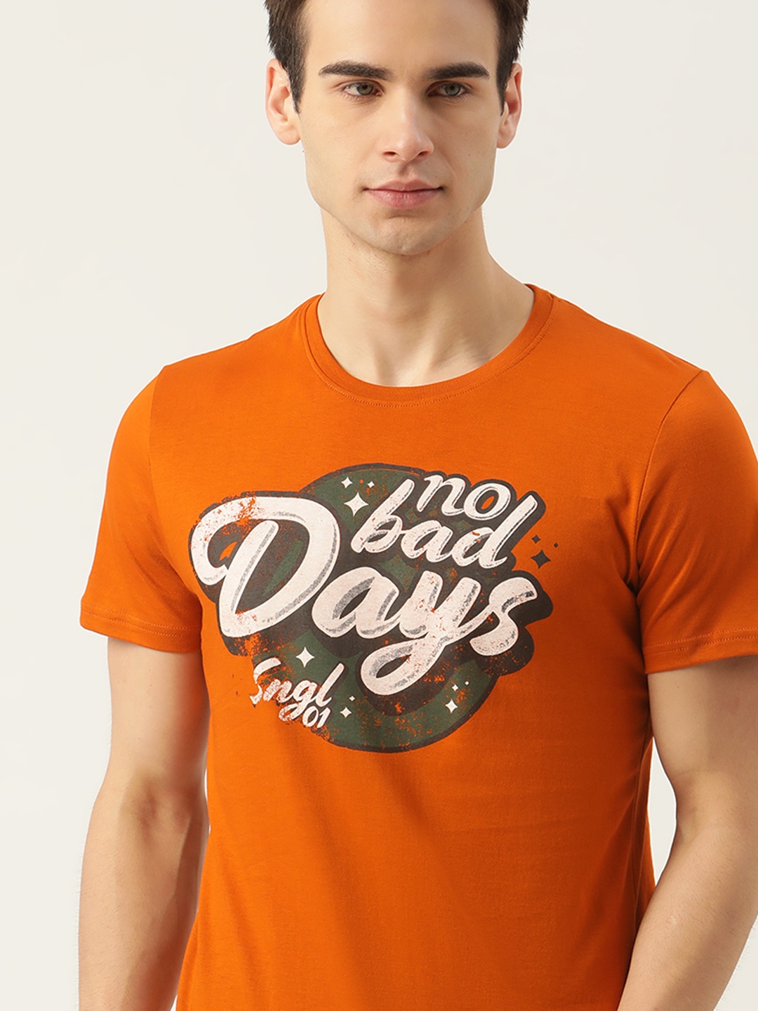 

SINGLE Men Rust Orange White Pure Cotton Typography Printed Pure Cotton T-shirt