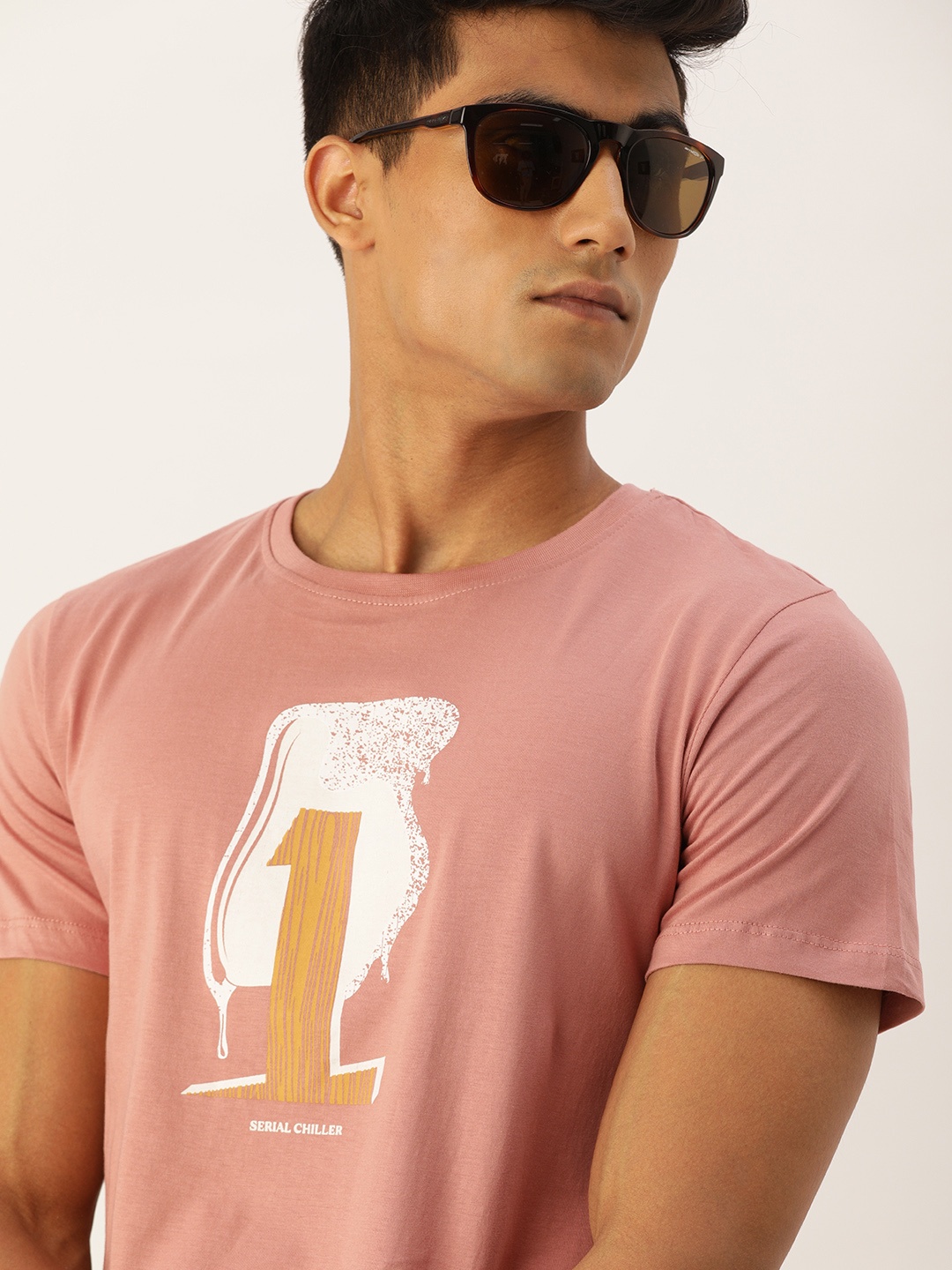 

SINGLE Men Pink Typography Printed Slim Fit Pure Cotton T-shirt