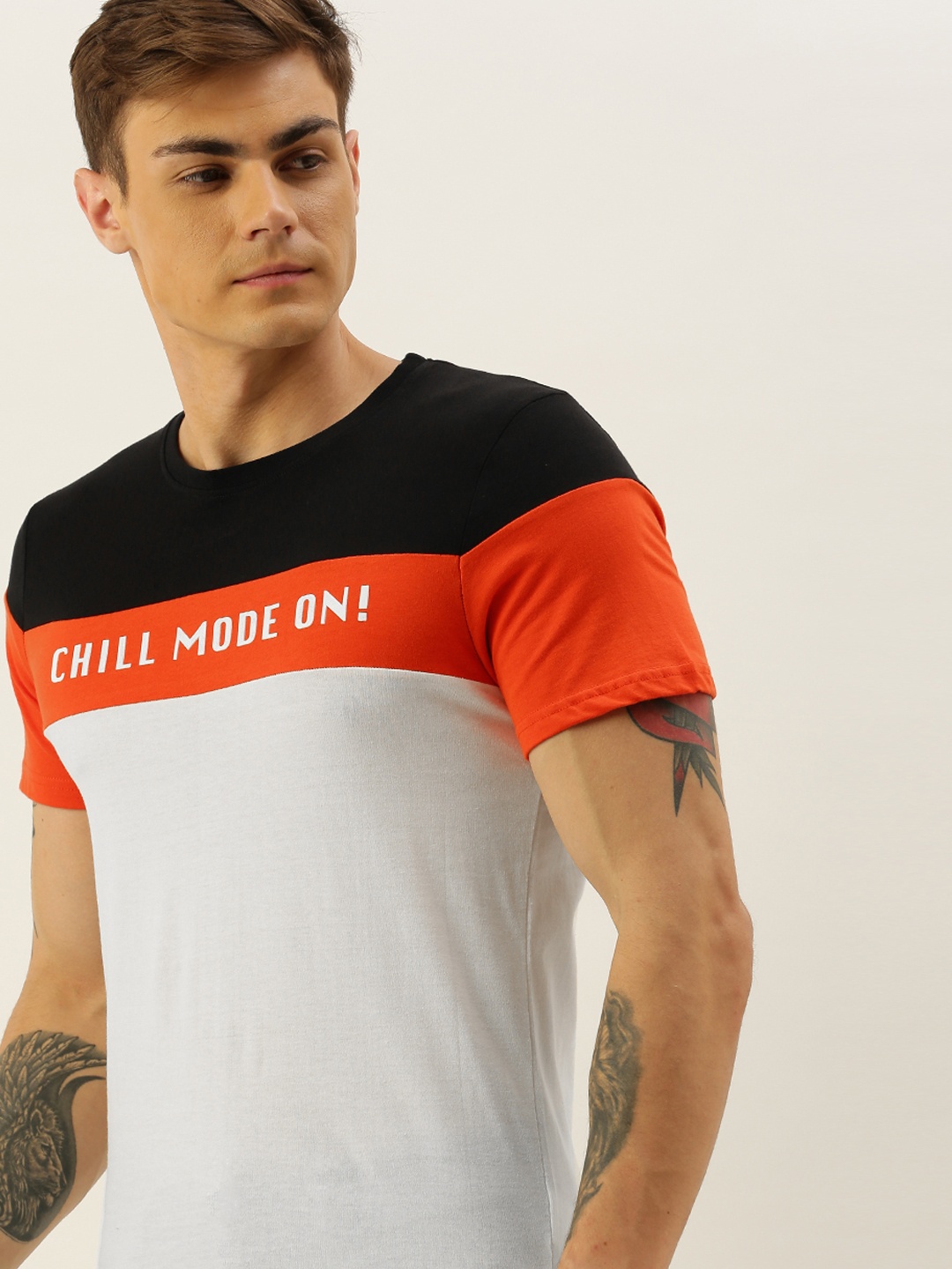

SINGLE Men Grey Colourblocked Round Neck Pure Cotton T-shirt