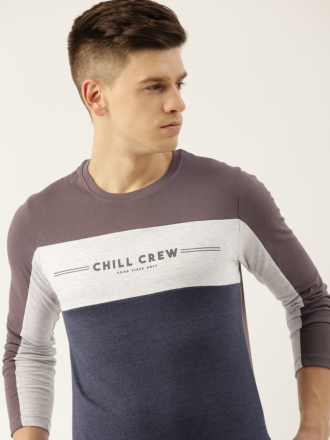 

SINGLE Men Charcoal Grey Navy Blue Colourblocked Pure Cotton T-shirt