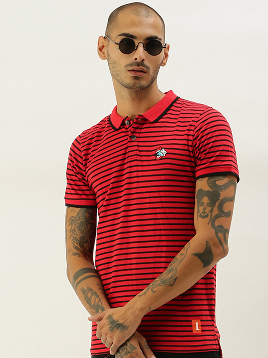 

SINGLE Men Red Black Striped Polo Collar Slim Fit Pure Cotton T-shirt