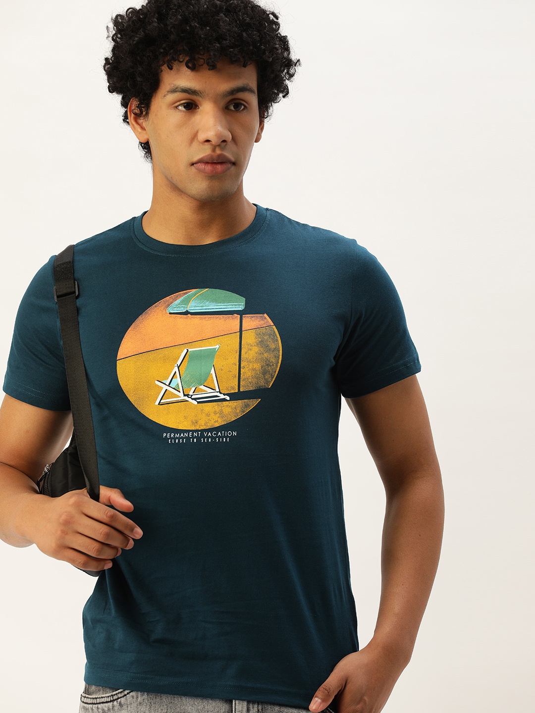 

SINGLE Men Teal Blue Printed Cotton Slim Fit Pure Cotton T-shirt