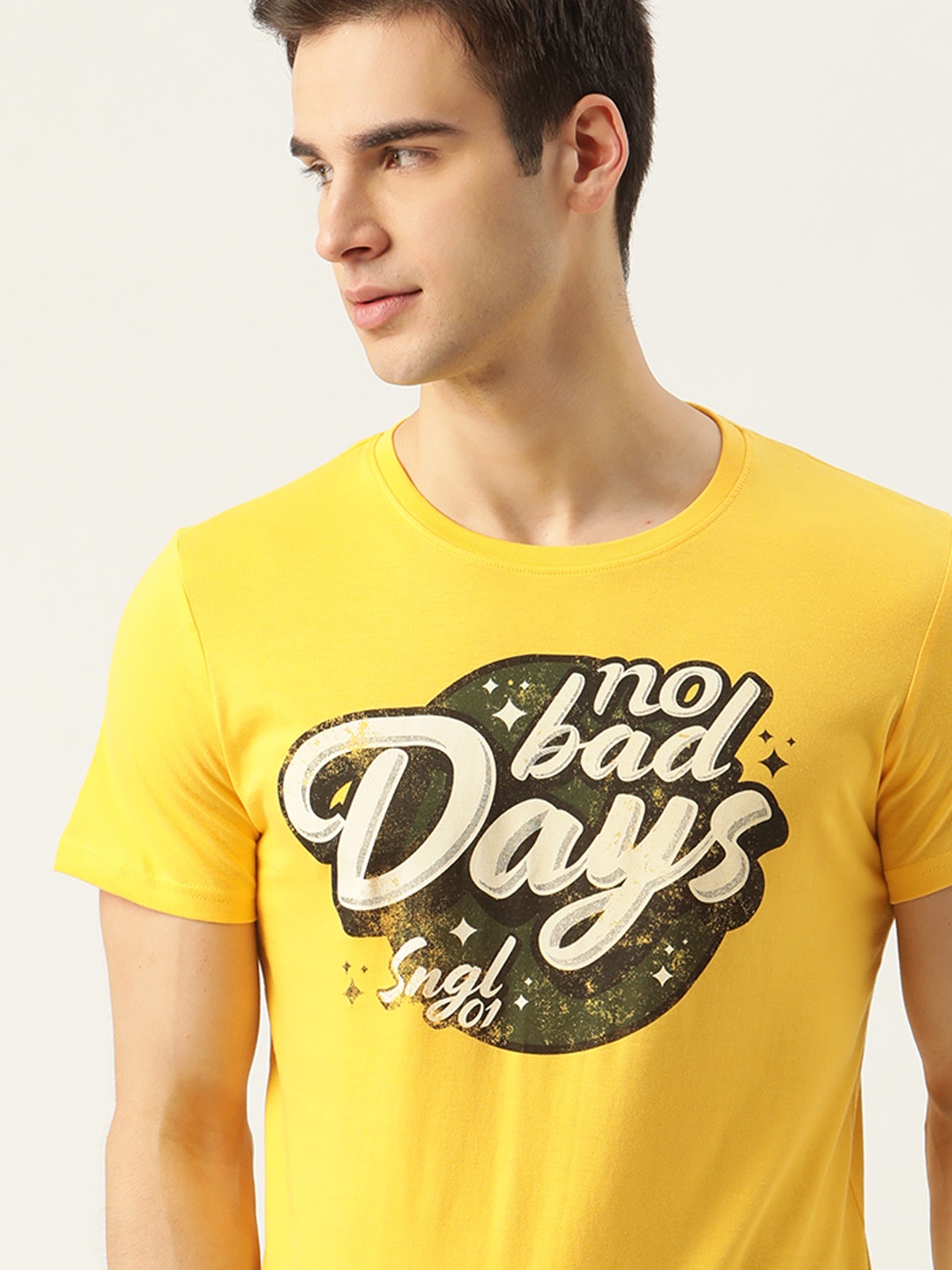 

SINGLE Men Yellow & Black Pure Cotton Typography Printed T-shirt