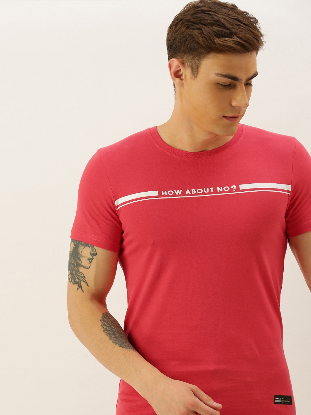 

SINGLE Men Orange Printed Round Neck Pure Cotton T-shirt