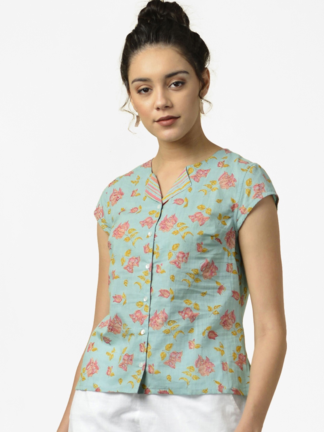 

Fabindia Green & Pink Floral Hand Block Printed Pure Cotton Top