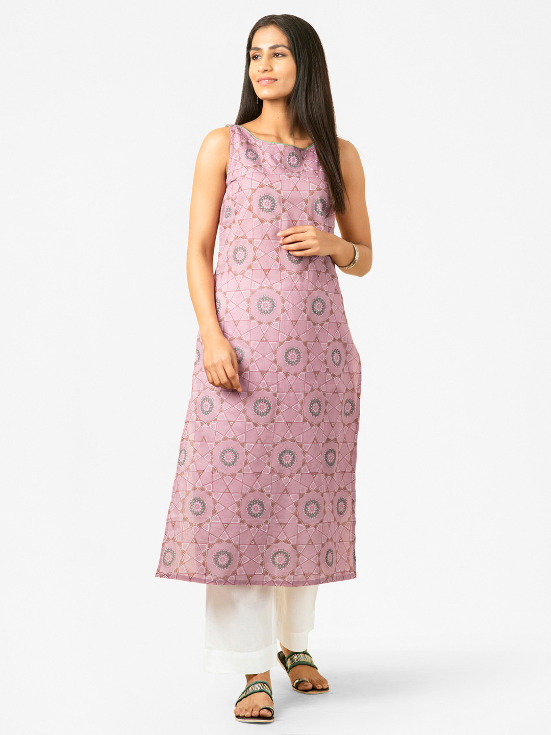 

Fabindia Pink & Green Slim Fit Hand Block Printed Straight Kurta