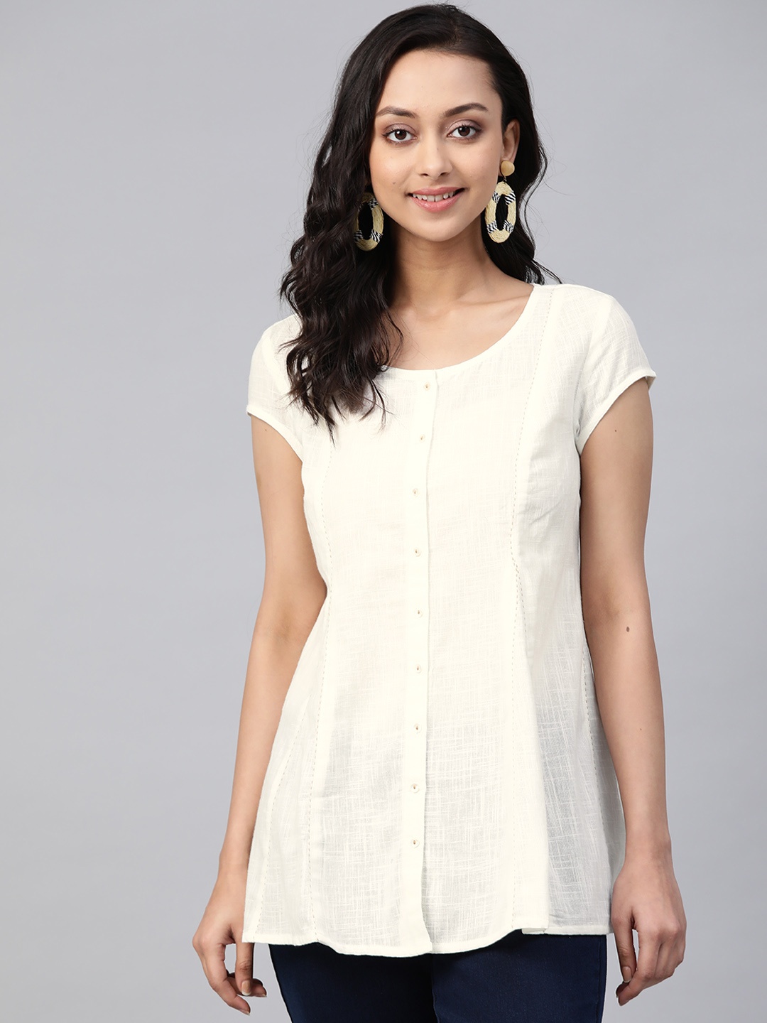 

Fabindia Off-White Solid Pure Cotton A-Line Top