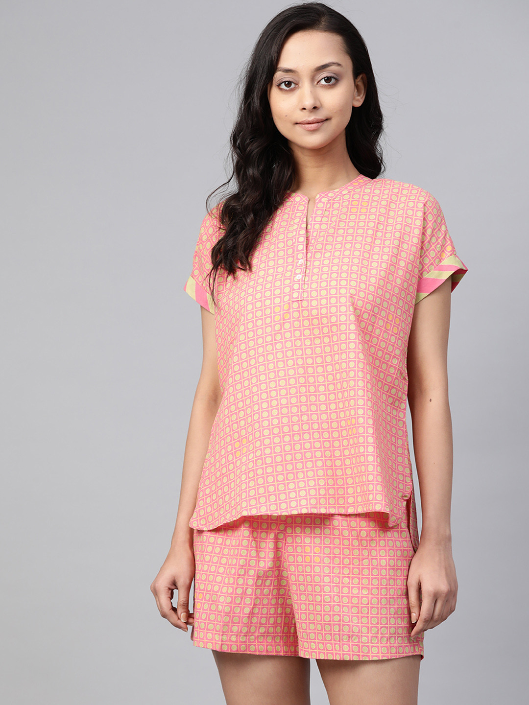 

Fabindia Women Pink & Green Printed Night suit