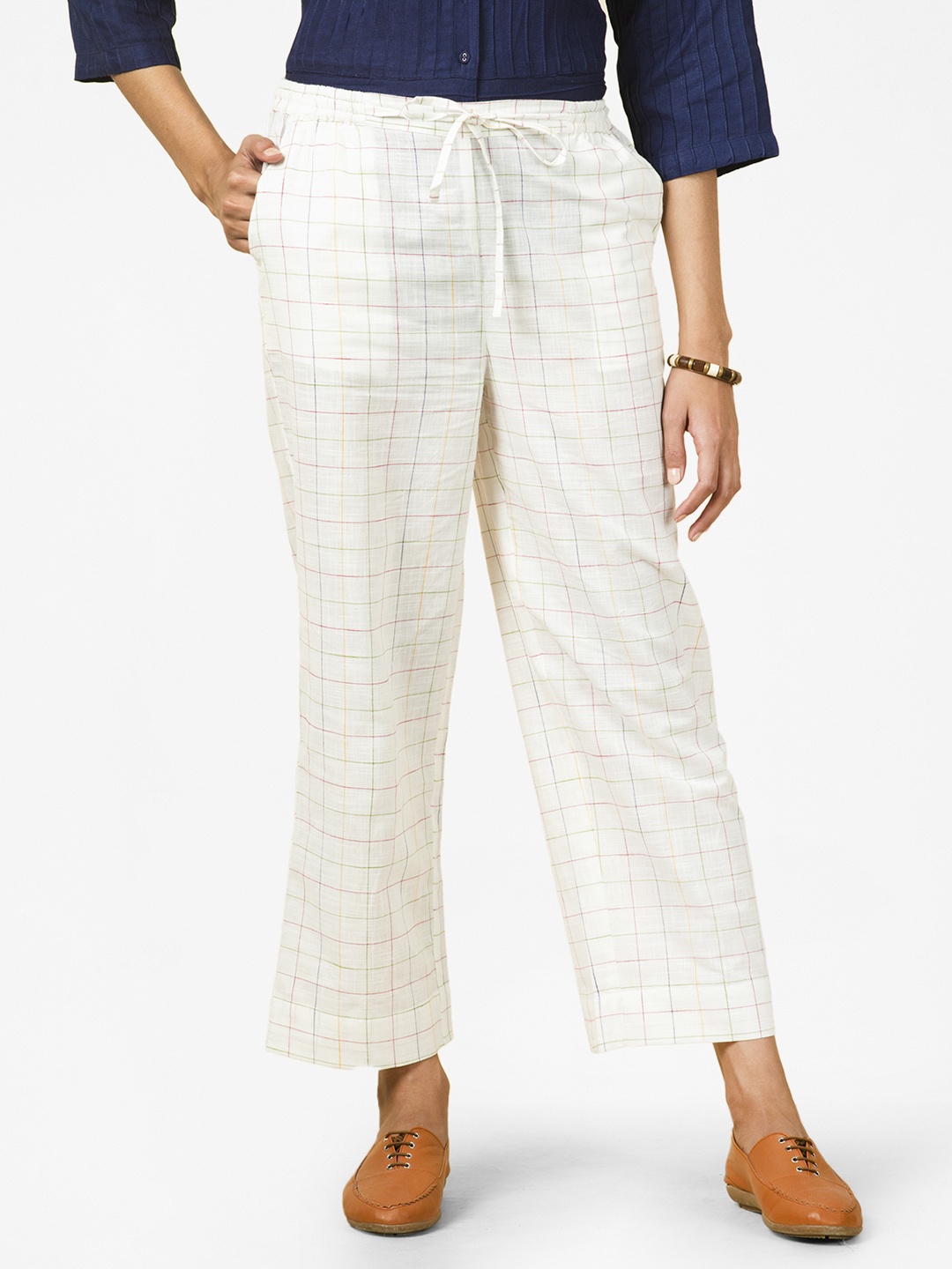 

Fabindia Women Off-White Checked Pure Cotton Straight Palazzos
