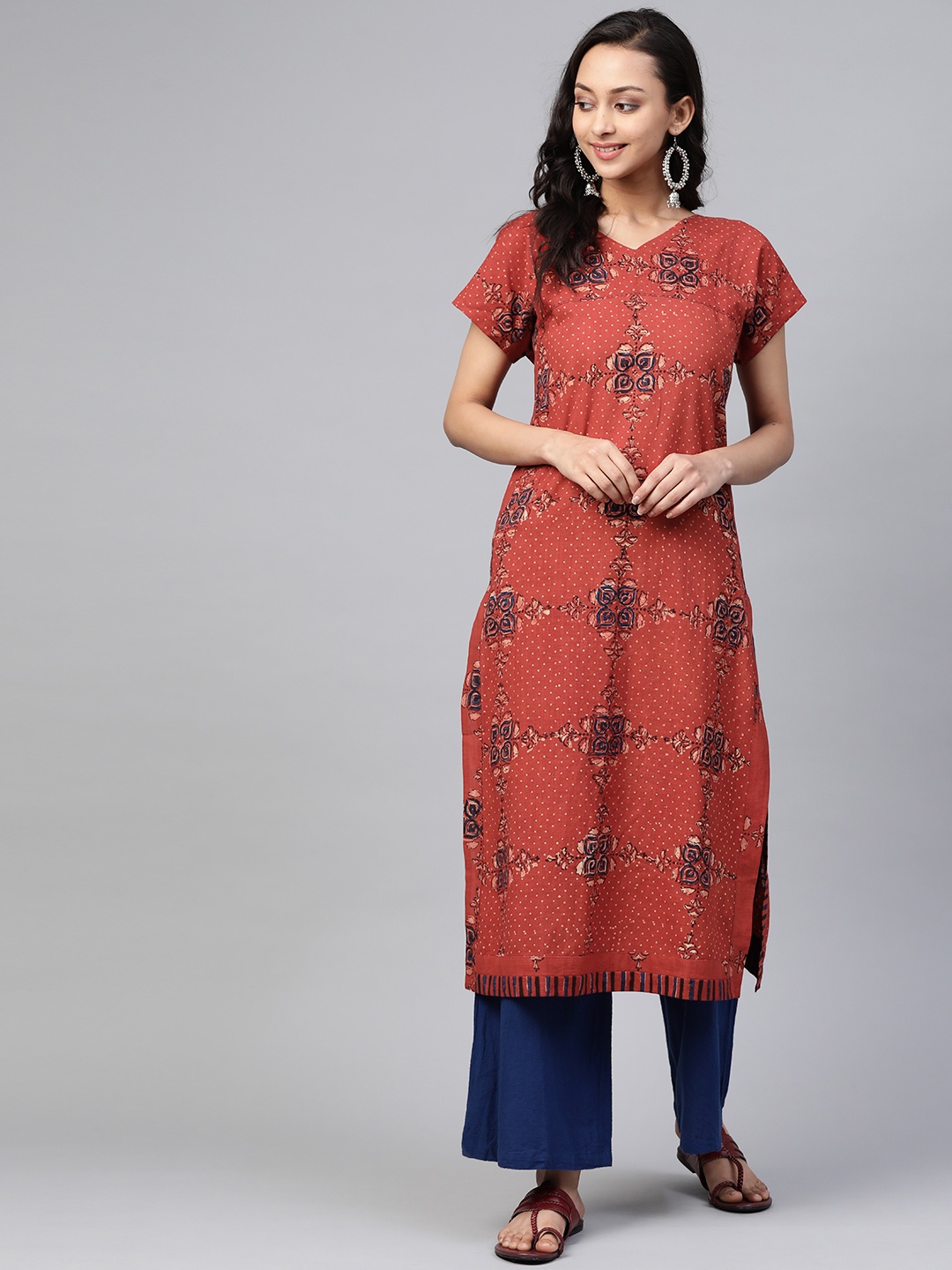 

Fabindia Women Rust Red & Beige Ethnic Motifs Printed Cotton Extended Sleeves Kurta