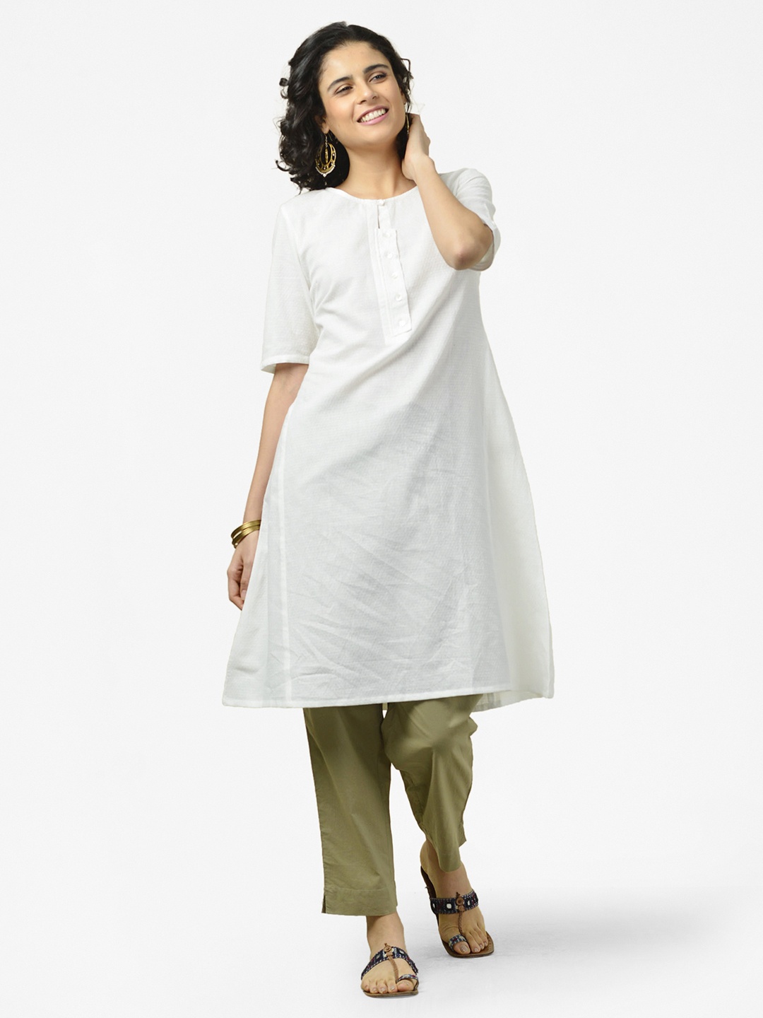 

Fabindia Women White Dobby Woven Design Pure Cotton A-Line Kurta