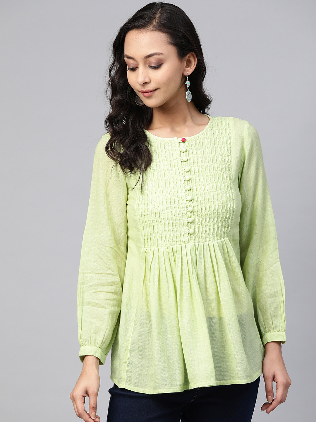 

Fabindia Women Green Yoke Design Pure Cotton Kurtis