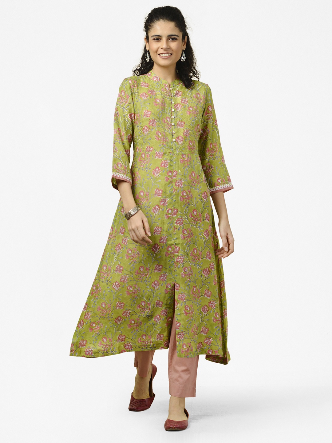 

Fabindia Women Green & Peach-Coloured Ethnic Print Mandarin Collar Fusion A-Line Kurta