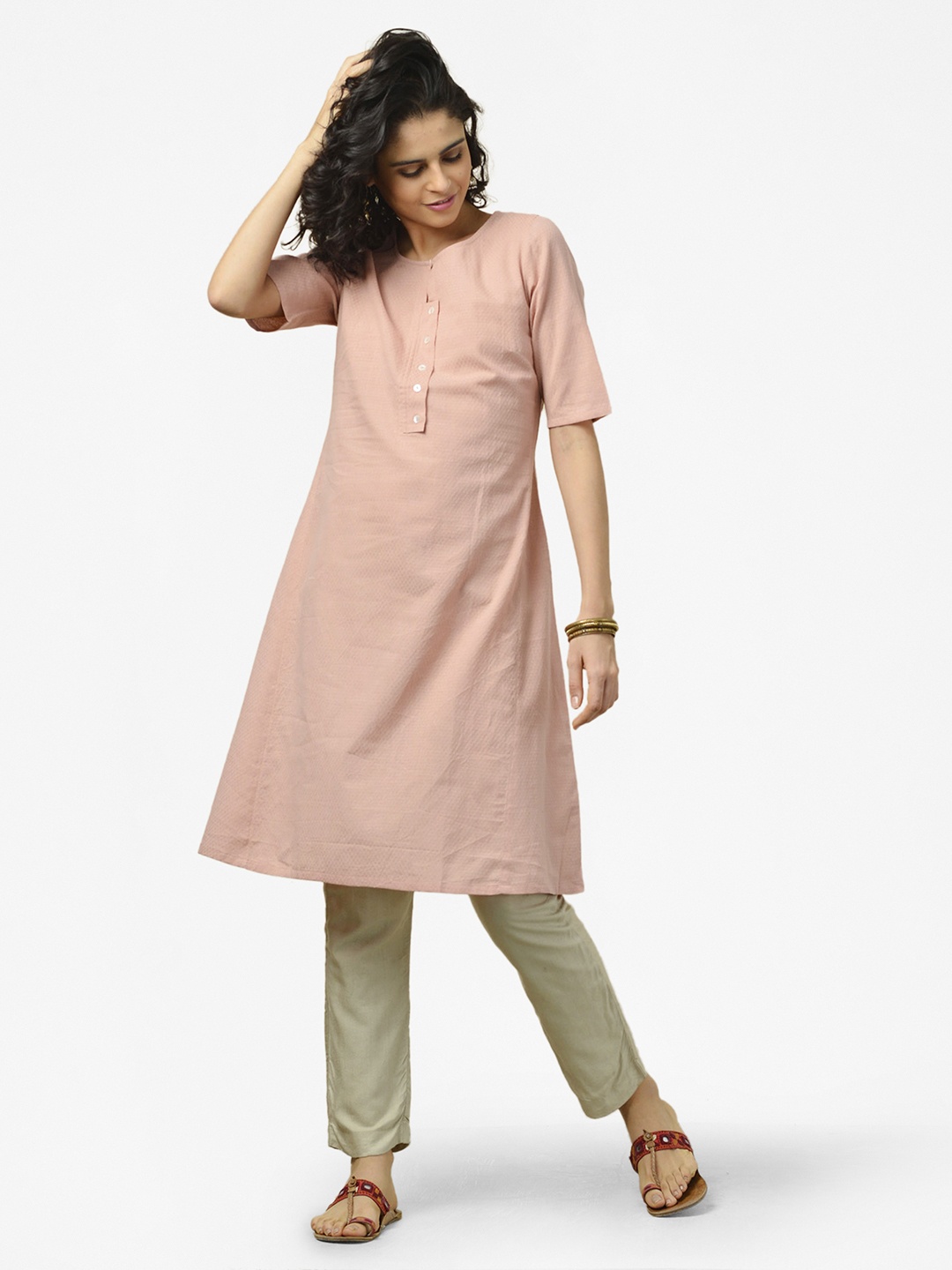 

Fabindia Women Peach-Coloured Dobby Weave Pure Cotton Self-Design A-Line Kurta