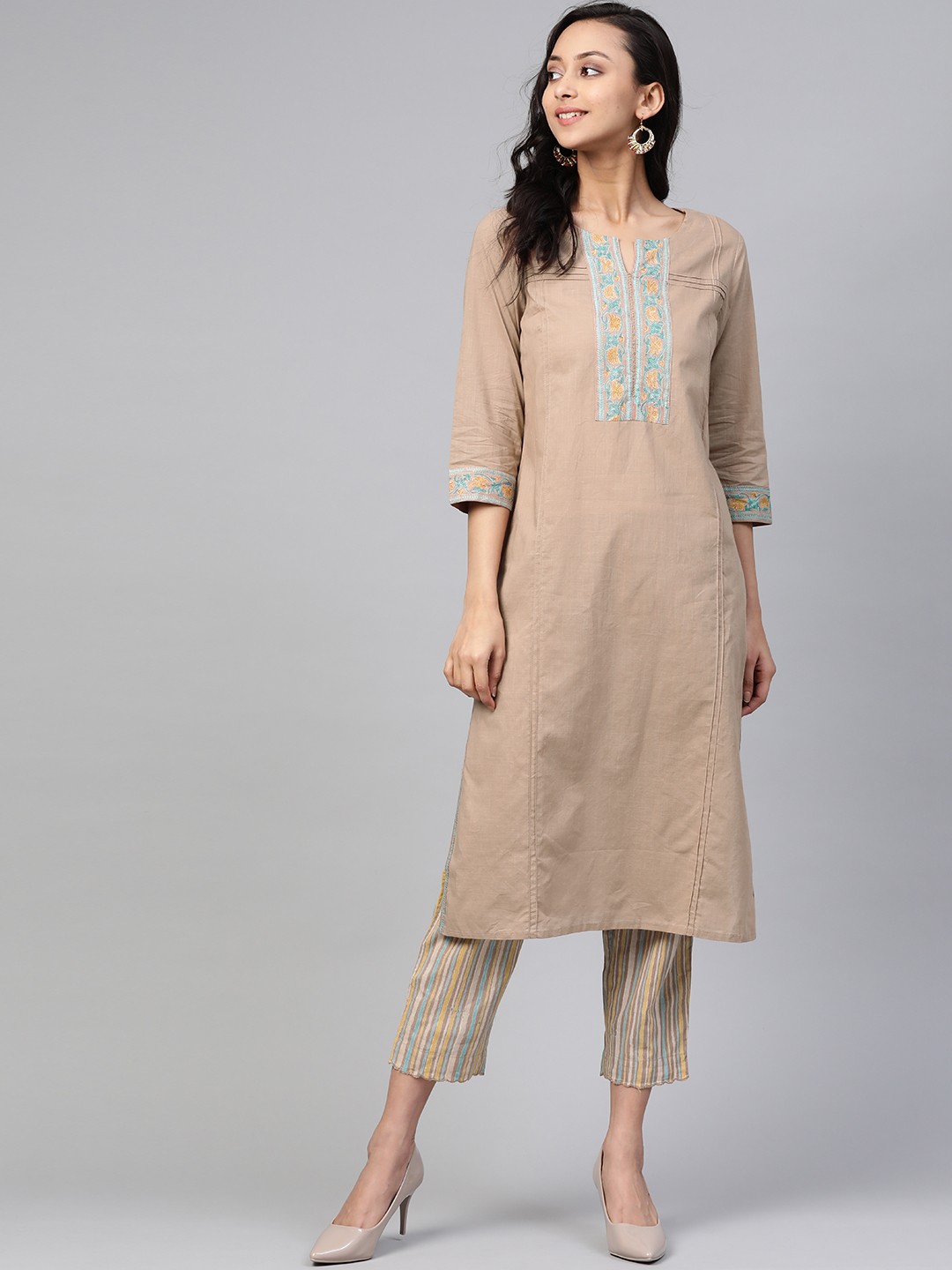 

Fabindia Women Beige & Yellow Pure Cotton Yoke Design Kurta with Trousers