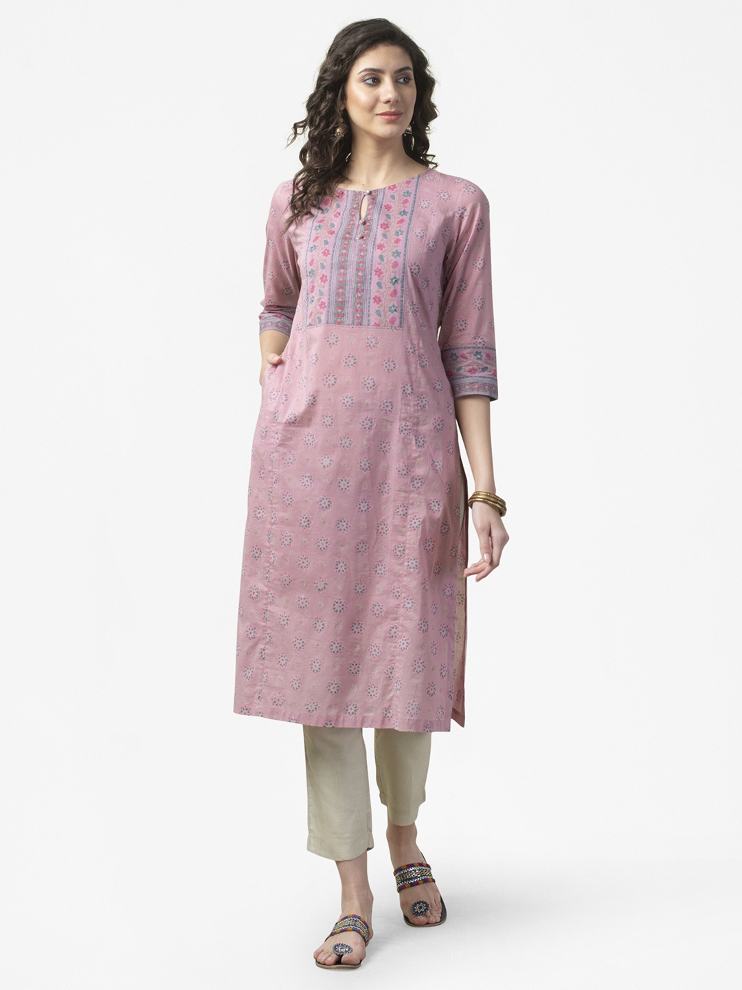 

Fabindia Women Pink & Green Hand Block Print Pure Cotton A-Line Kurta