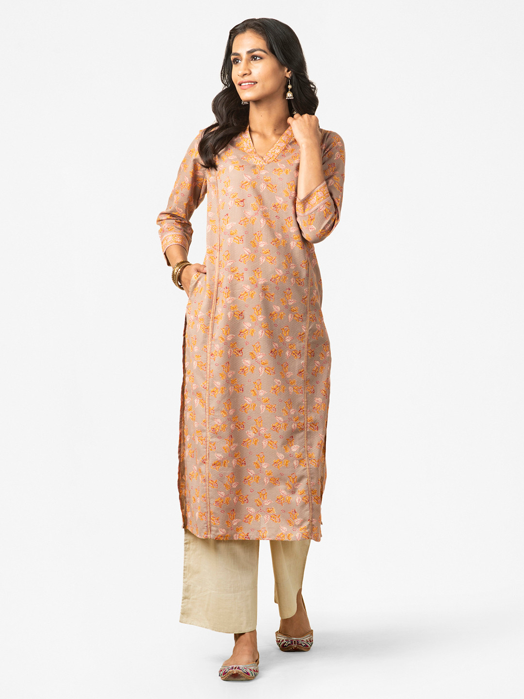

Fabindia Women Taupe & Mustard Yellow Pure Cotton Dobby Hand Block Print Straight Kurta