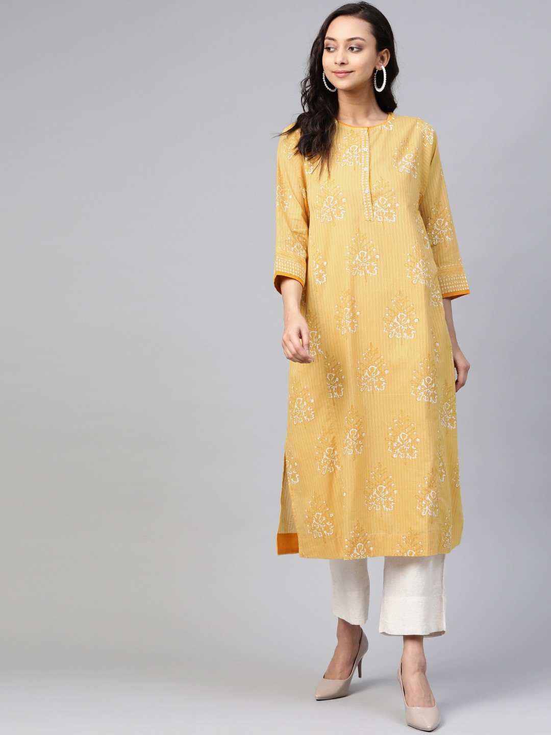 

Fabindia Women Mustard Yellow & Off-White Printed Pure Cotton Straight Kurta