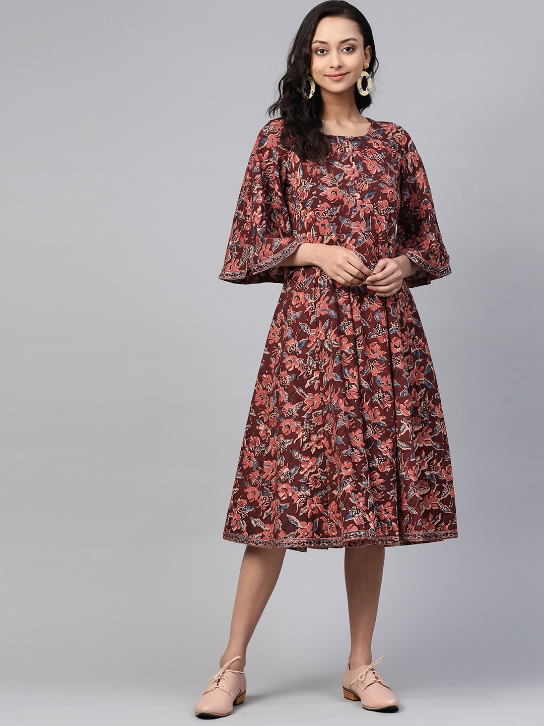 

Fabindia Women Brown & Blue Kalamkari Printed Cotton Midi A-Line Dress