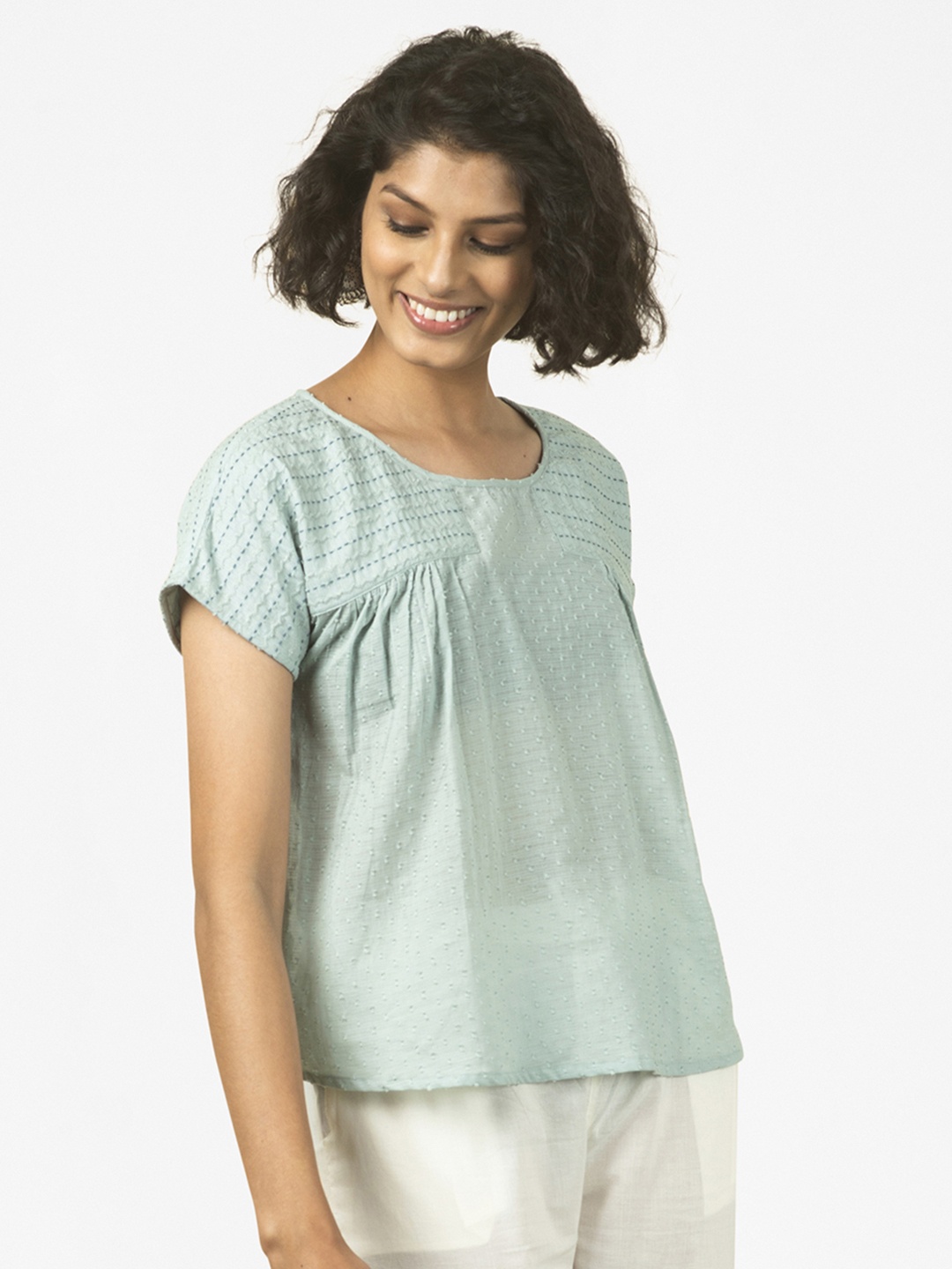 

Fabindia Sea Green Pure Cotton Dobby Self-Design Top