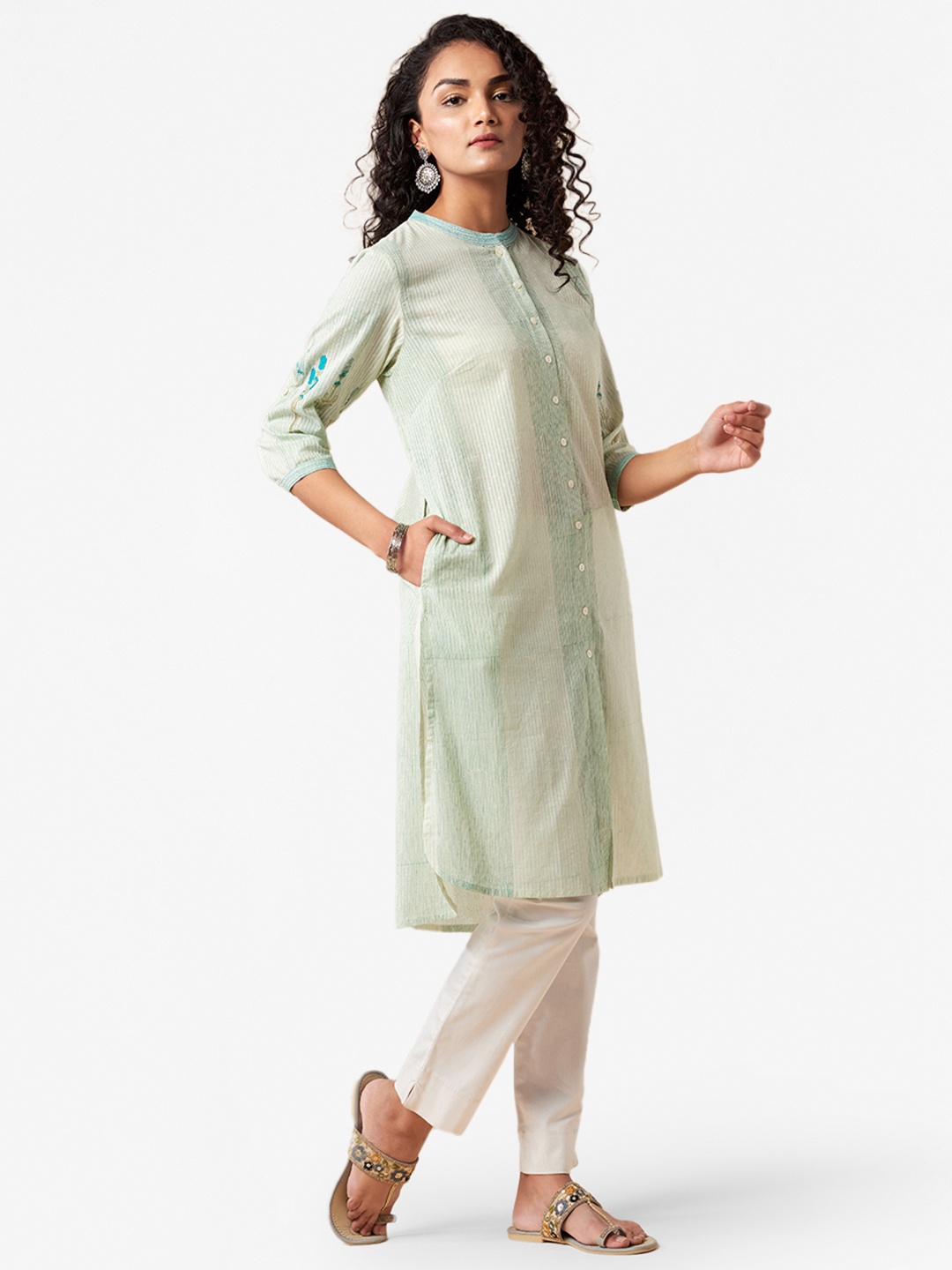 

Fabindia Women Off White & Green Hand Block Printed Striped Pure Cotton Kurta