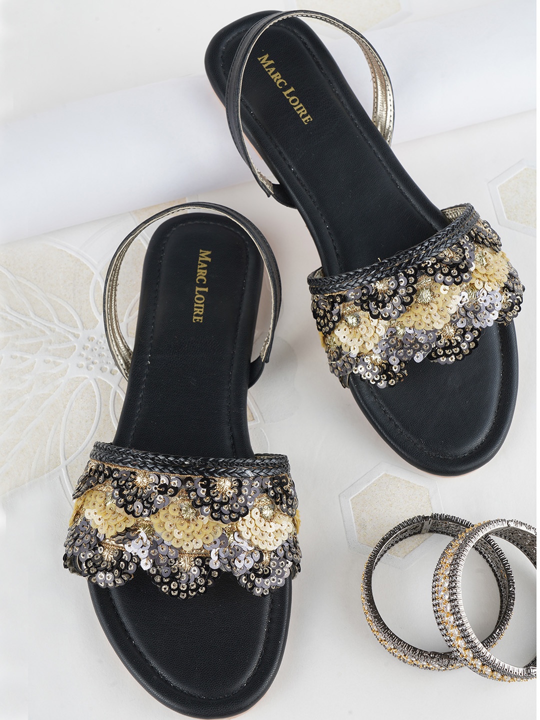 

Marc Loire Women Black & Gold-Toned Embellished Open Toe Flats