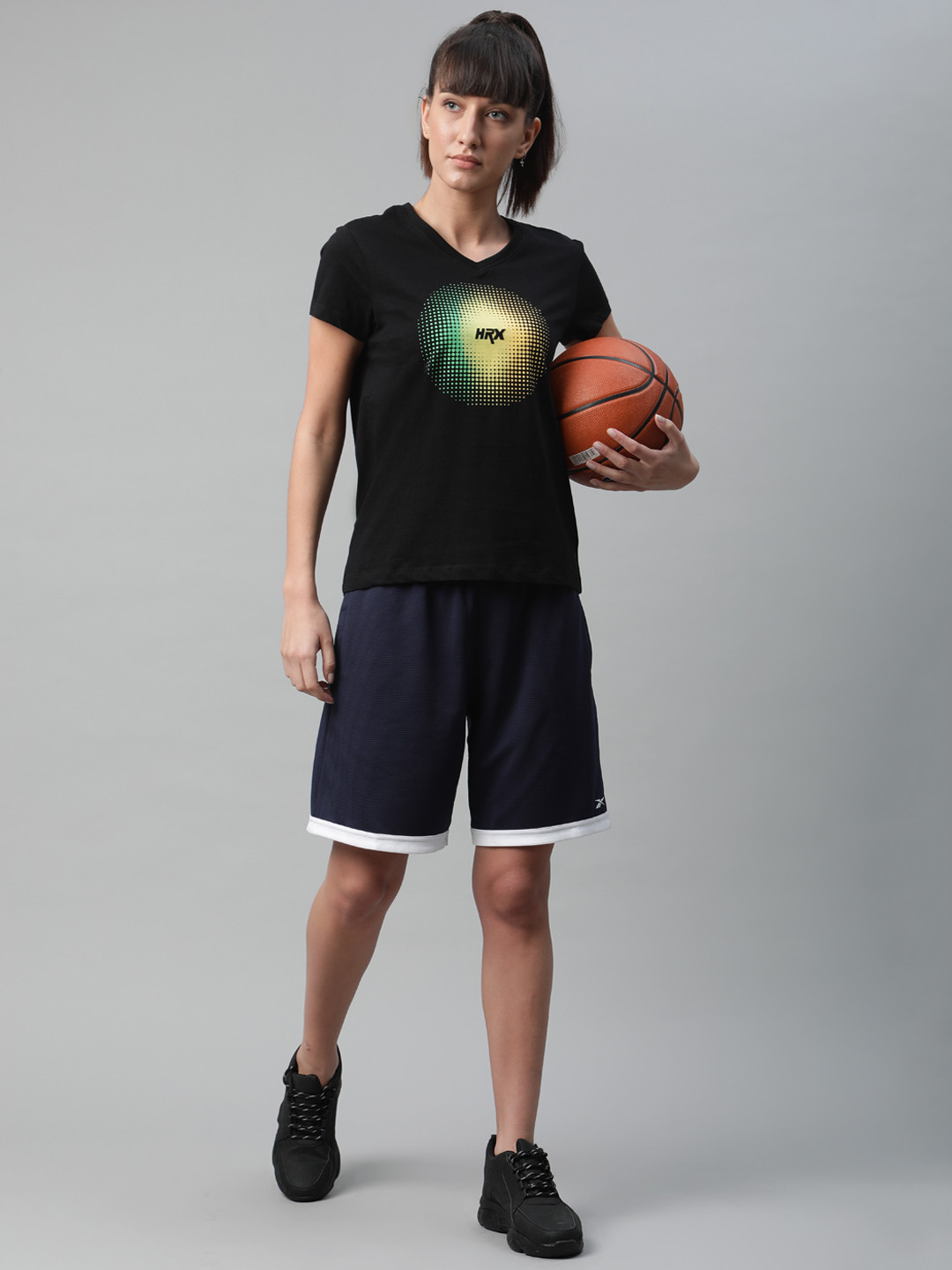 

HRX By Hrithik Roshan Women Black Graphic Print Bio-Wash Basketball Pure Cotton T-shirt