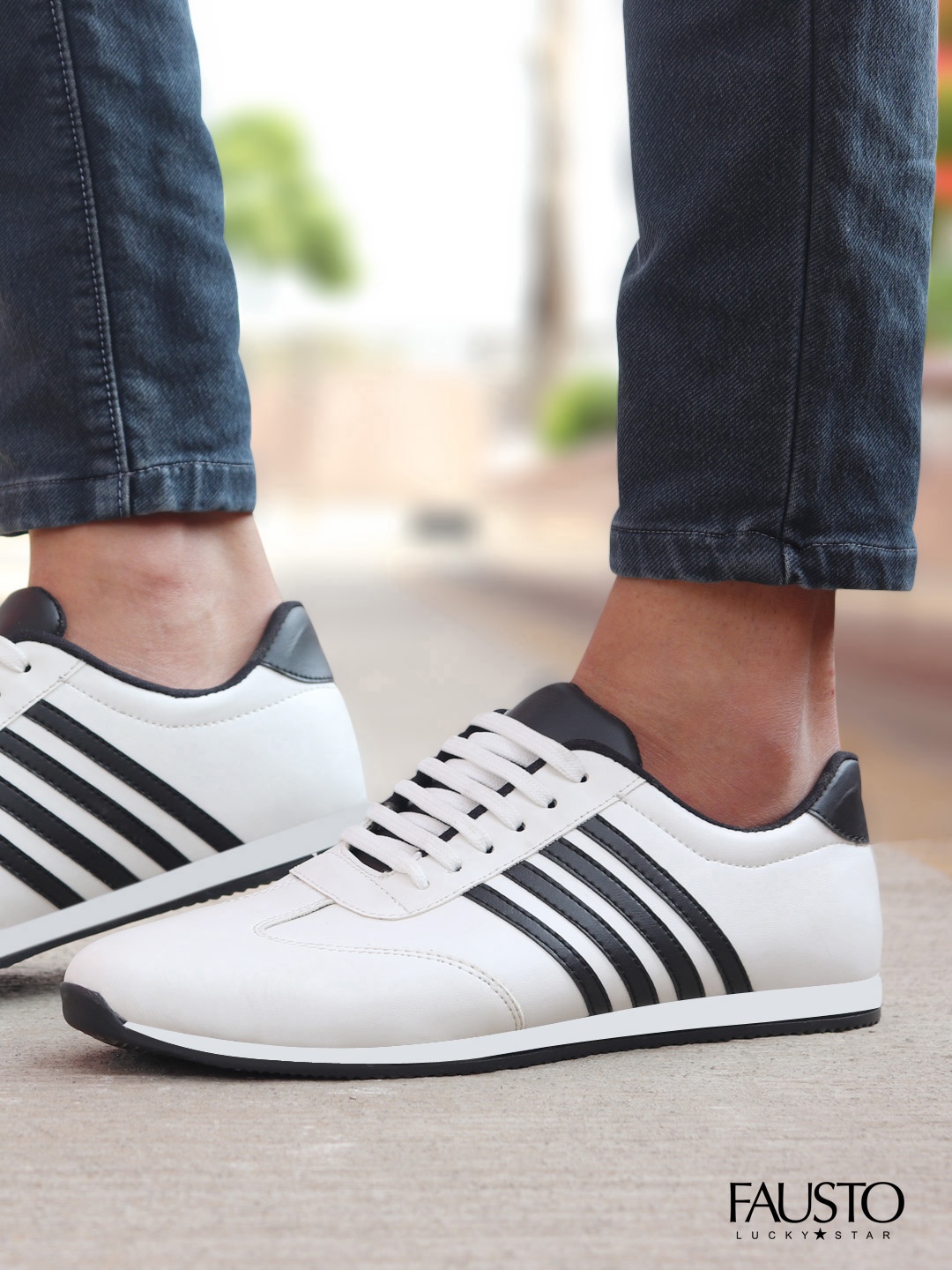 

FAUSTO Men White Striped Lace Up Sneakers