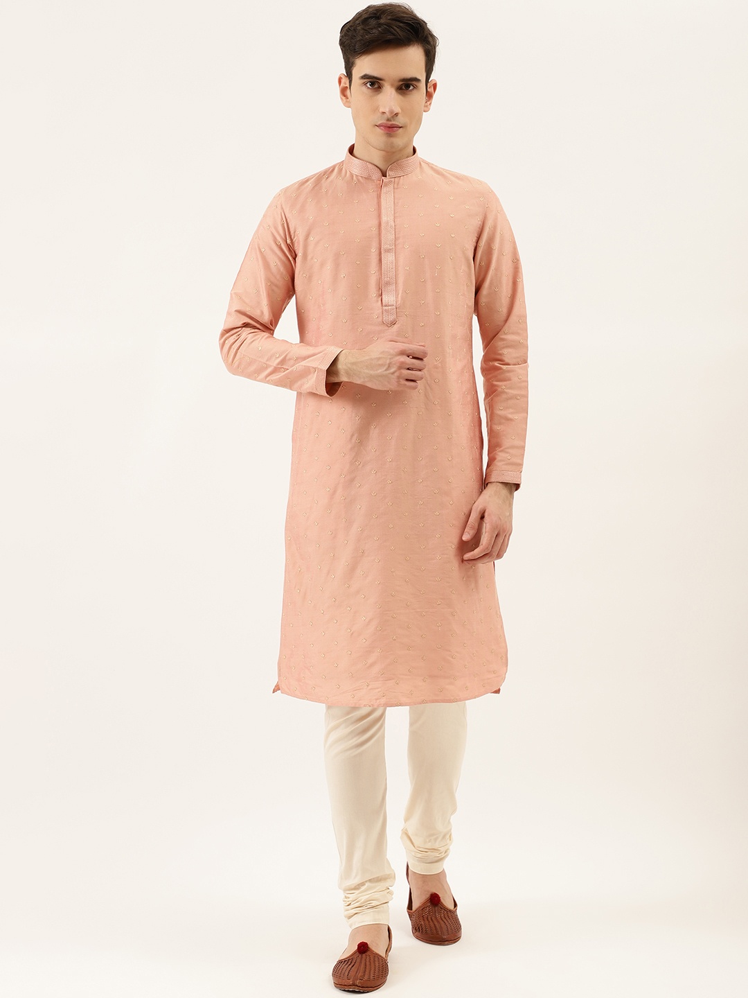 

Manyavar Men Peach-Coloured & Beige Embroidered Kurta with Churidar