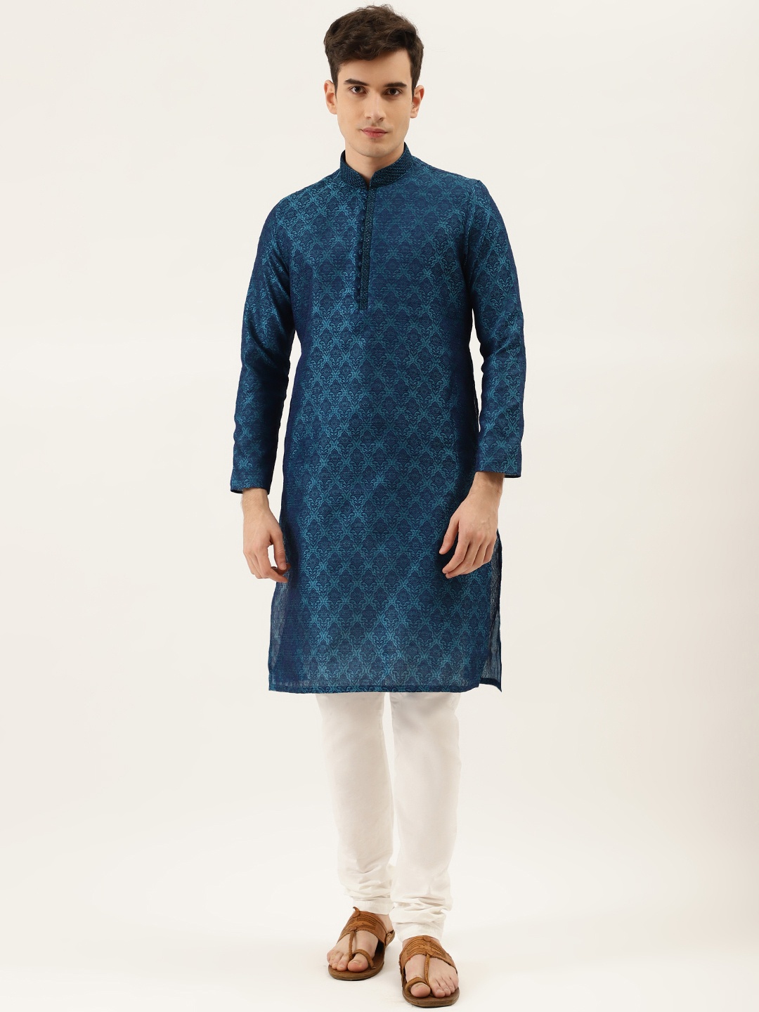 

Manyavar Men Blue & White Self Design Kurta with Churidar