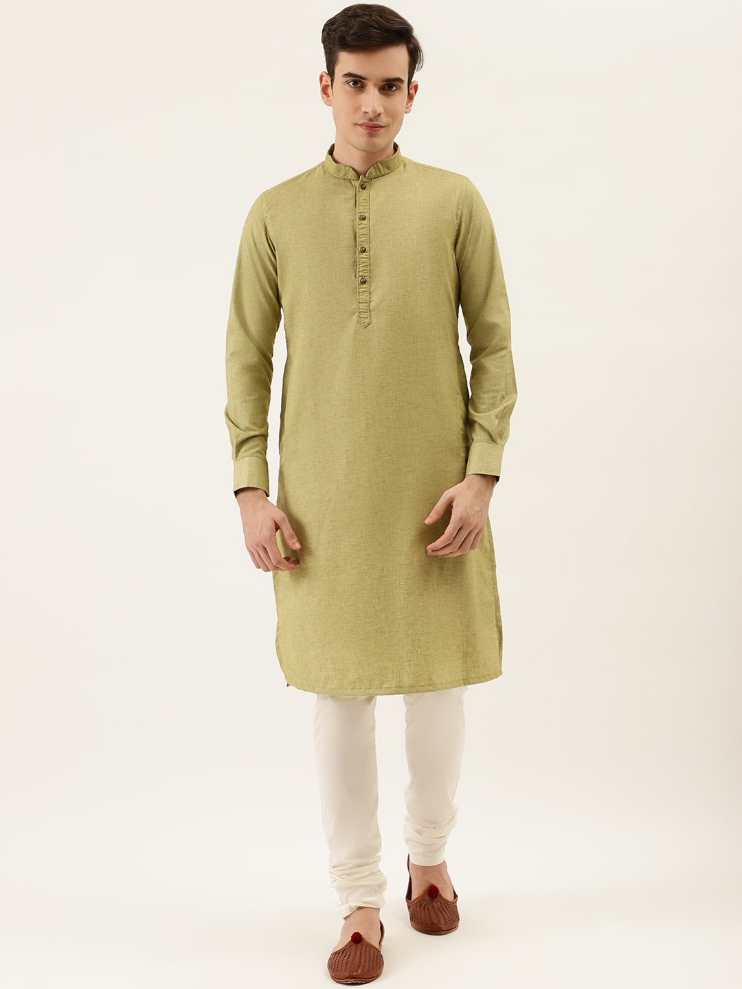 

Manyavar Men Green & White Solid Kurta with Churidar