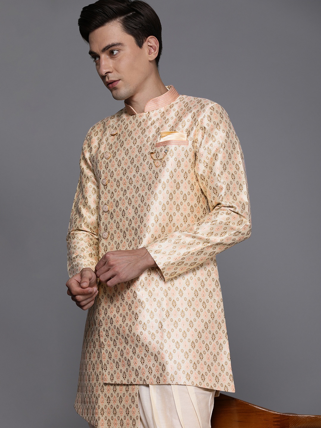 

Manyavar Men Beige Ethnic Motifs Jacquard Angrakha Kurta with Salwar