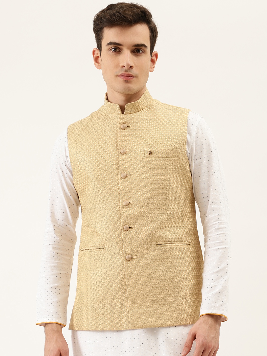 

Manyavar Men Beige Woven Design Nehru Jacket with Brooch