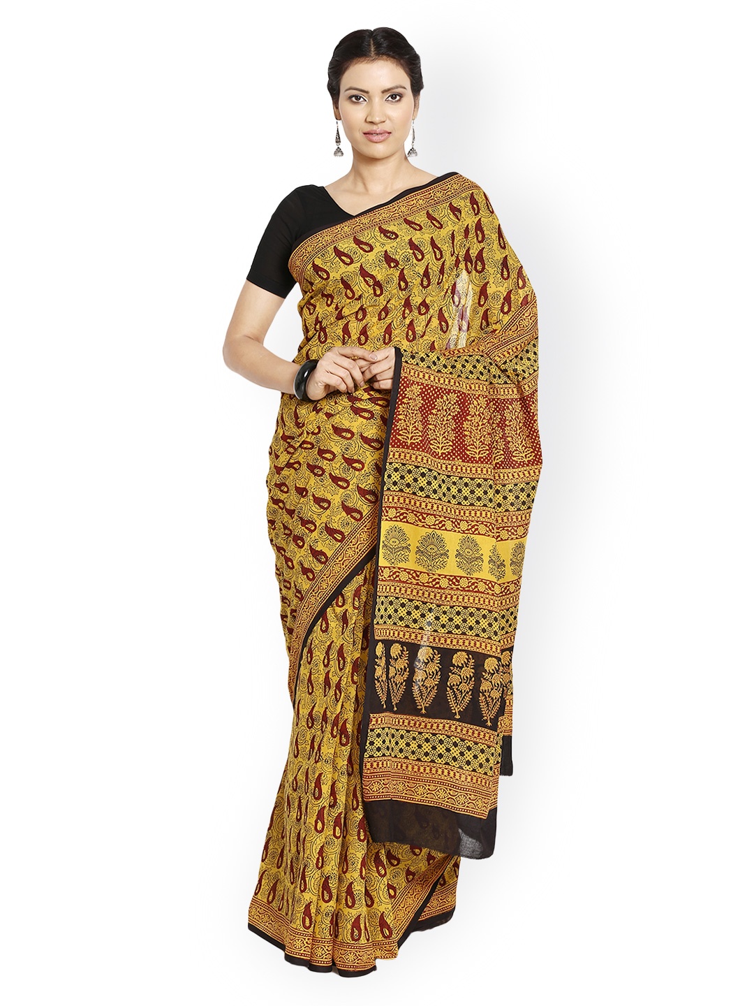 

Kalakari India Yellow Hand Block Print Bagh Cotton Handcrafted Sustainable Saree