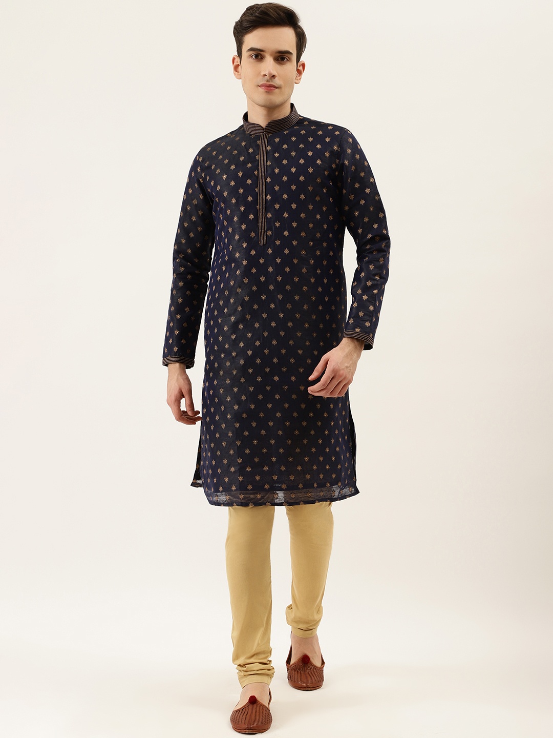

Manyavar Men Navy Blue & Golden Woven Design Kurta with Churidar