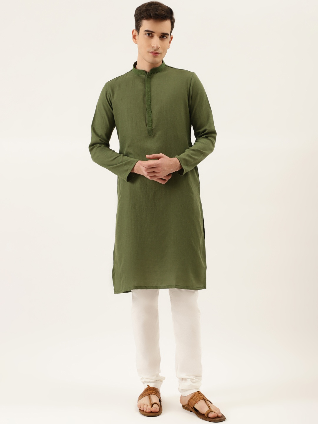 

Manyavar Men Green & White Solid Kurta with Churidar