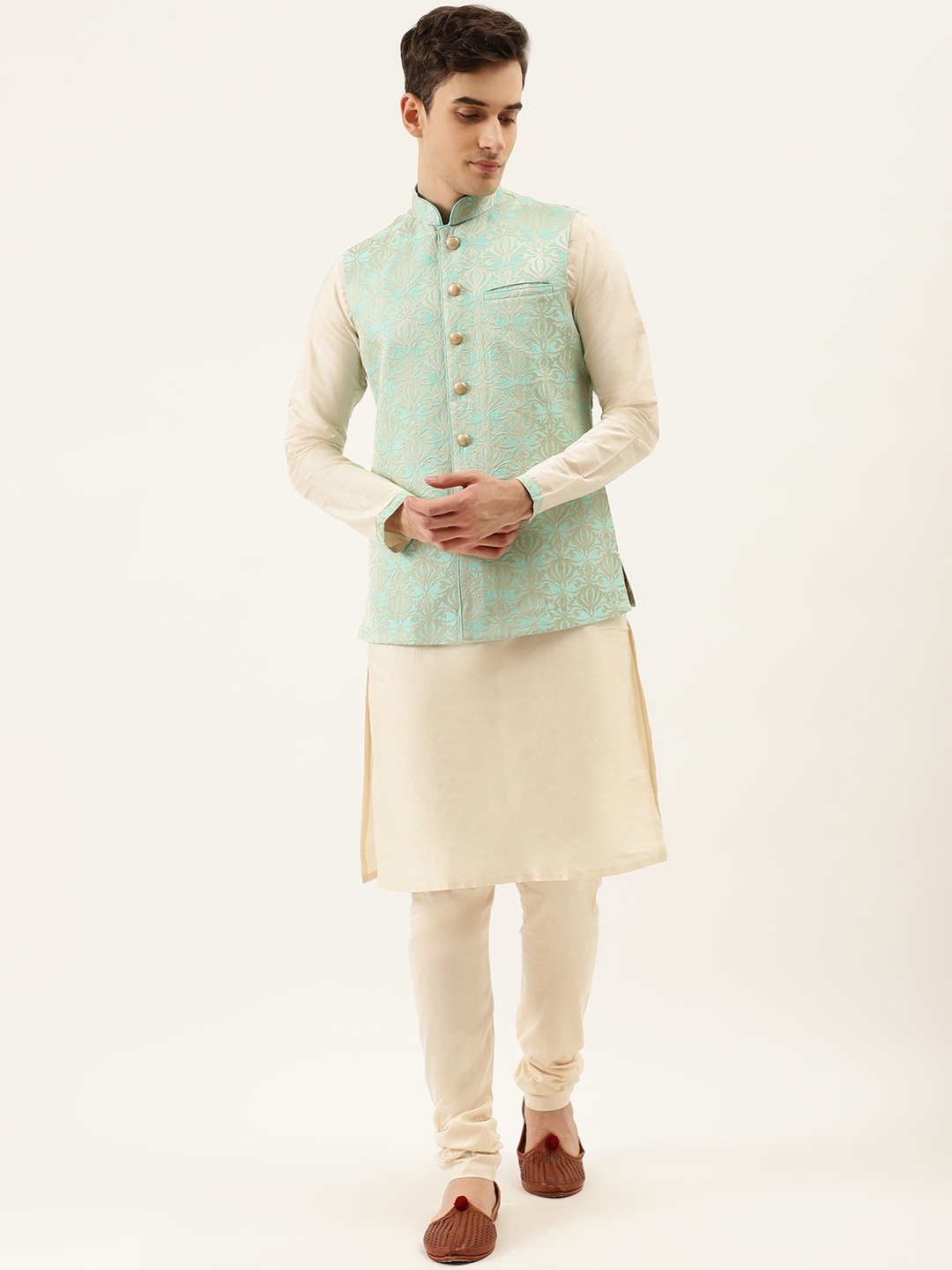 

Manyavar Men Beige Solid Kurta with Churidar & Nehru Jacket