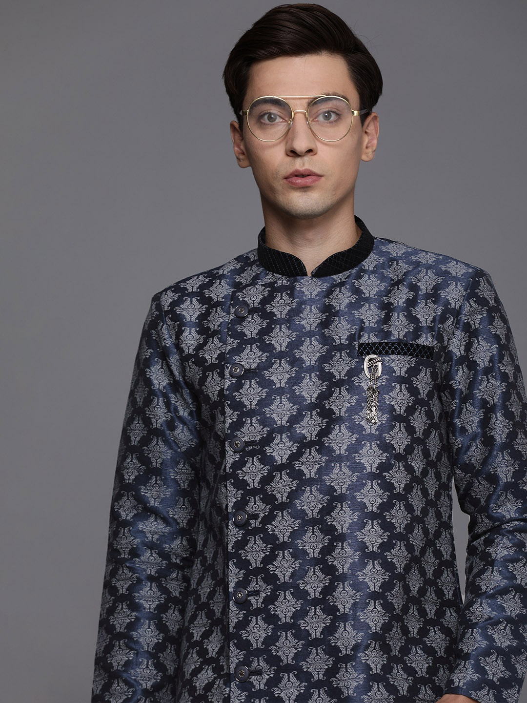 Manyavar Men Navy Blue Ethnic Motifs Jacquard Self Design Kurta with Pyjamas