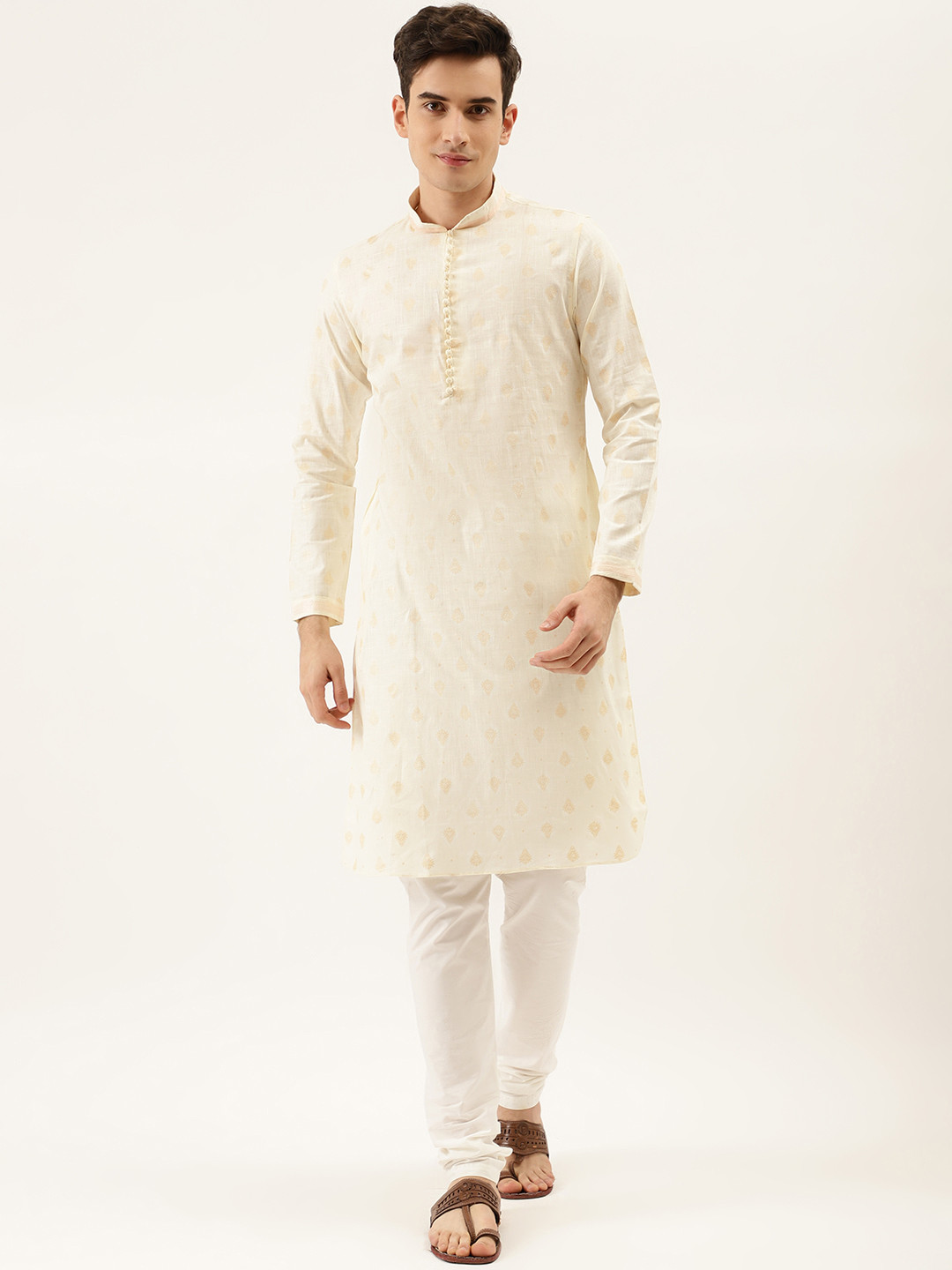 

Manyavar Men Off-White & Beige Woven Design Kurta with Churidar