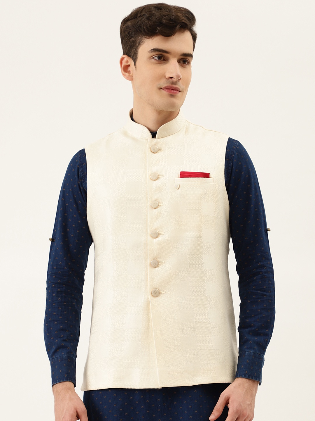 

Manyavar Men Cream-Coloured Checked Woven Design Nehru Jacket with Brooch