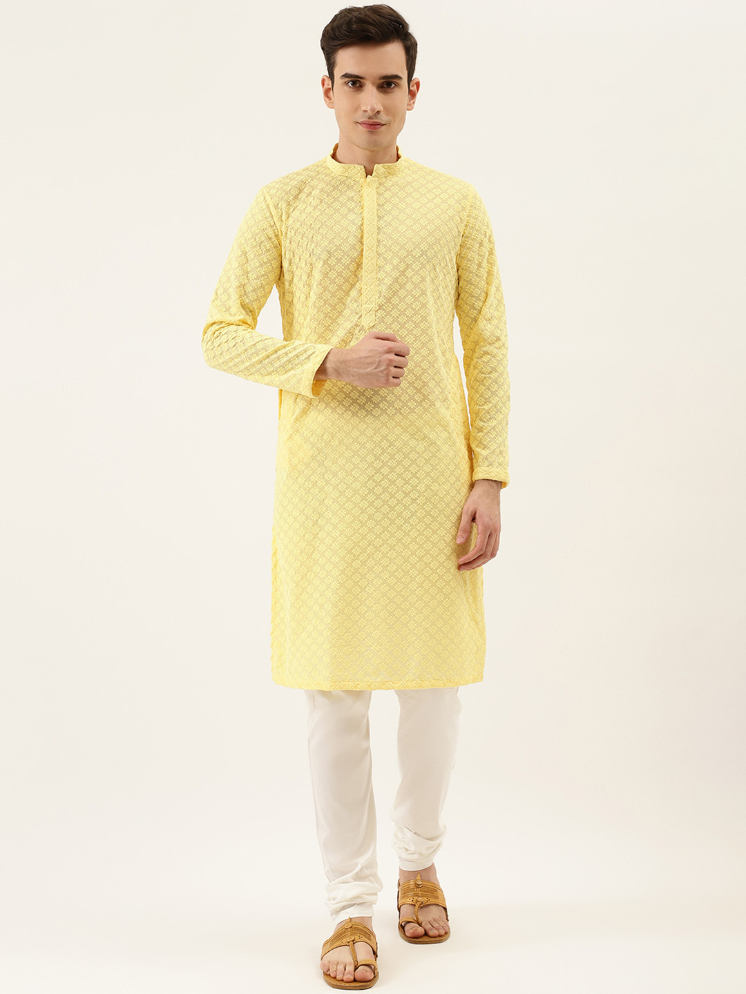 

Manyavar Men Yellow & White Chikankari Embroidered Kurta with Churidar