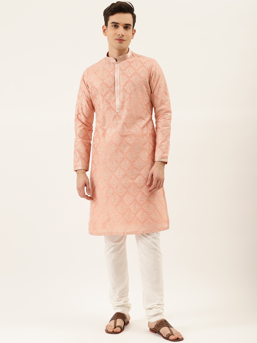 

Manyavar Men Peach-Coloured & White Embroidered Kurta with Churidar