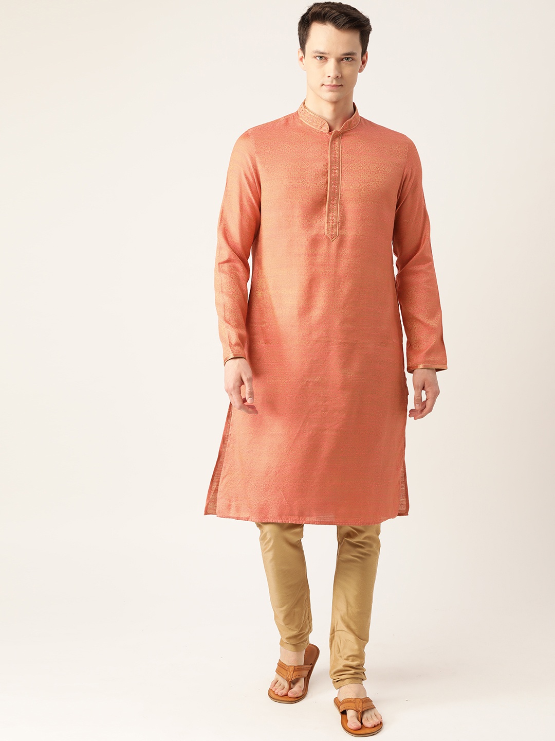 

Manyavar Men Peach-Coloured & Beige Woven Design Kurta with Churidar