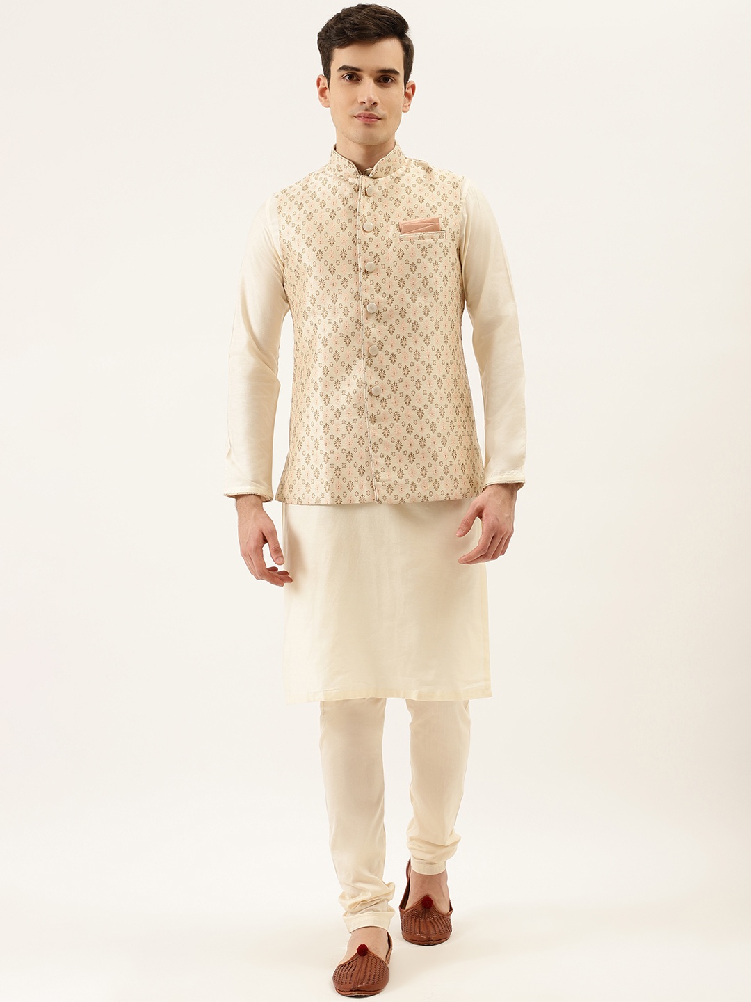 

Manyavar Men Cream-Coloured & Pink Solid Kurta with Churidar & Nehru Jacket