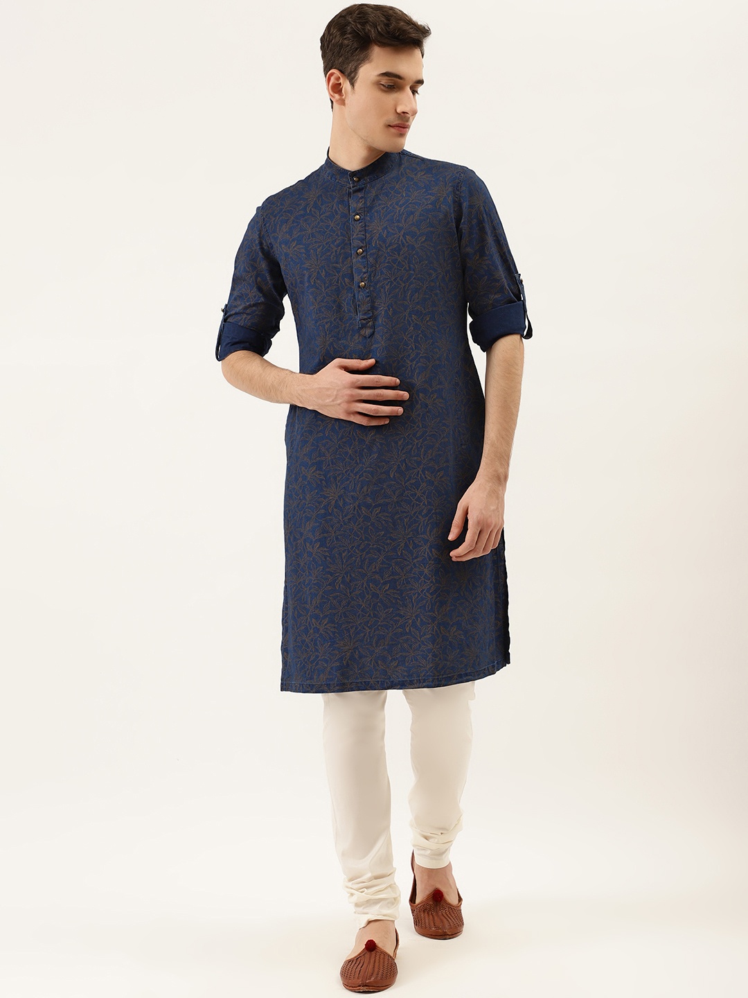 

Manyavar Men Navy Blue & Mustard Yellow Floral Printed Kurta