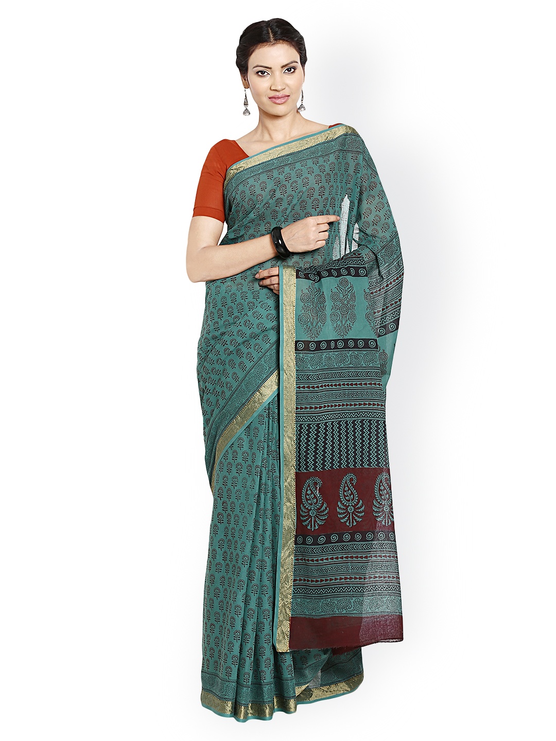 

Kalakari India Teal Green Bagh Handblock Print Handcrafted Cotton Saree