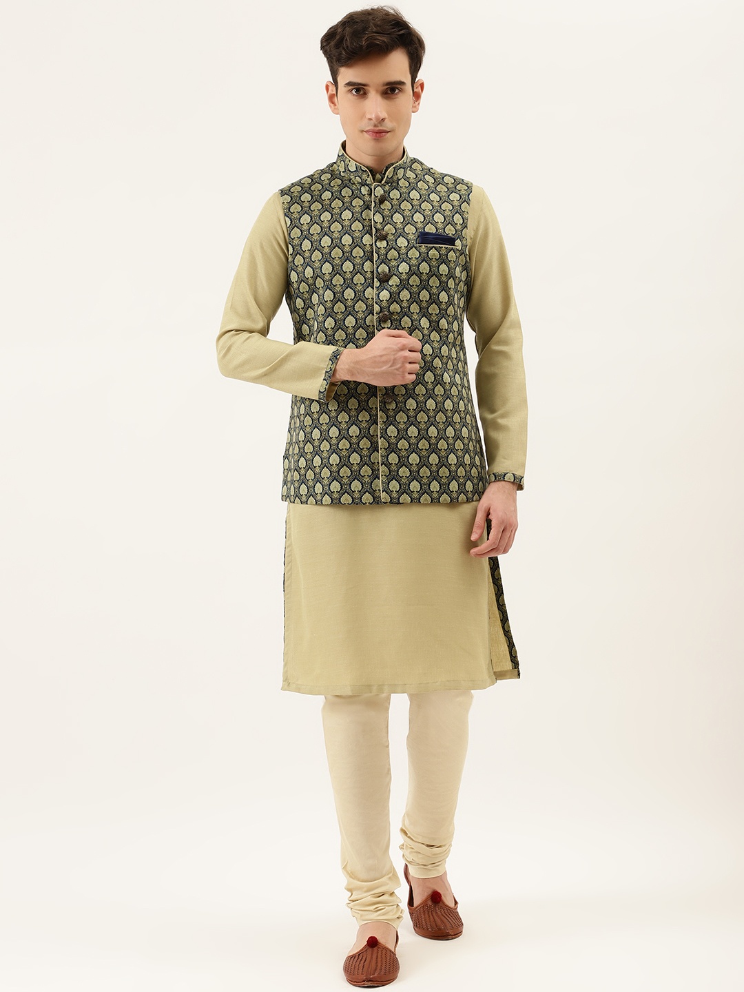 

Manyavar Men Beige Solid Kurta & Churidar with Nehru Jacket, Green